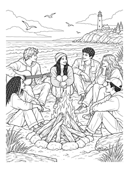 A group of friends enjoys a beach bonfire in this outer banks coloring page.