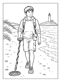 A boy searches the shore with a metal detector in this outer banks coloring page.