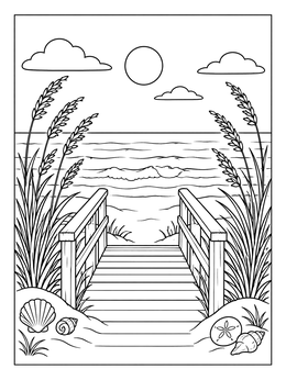 A wooden boardwalk path leads past sea oats and seashells to the sea in this outer banks coloring page.