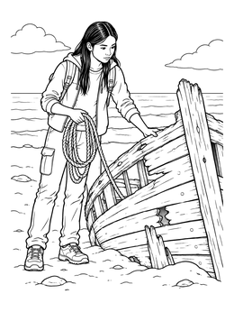 An outer banks coloring page showing a teen explorer examining an old wooden shipwreck on the beach.