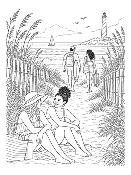 Friends relax near dunes in this detailed Outer Banks coloring page with a lighthouse.