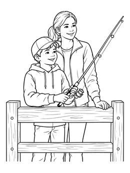 A mother and boy holding a rod by a pier railing in this outer banks coloring page.