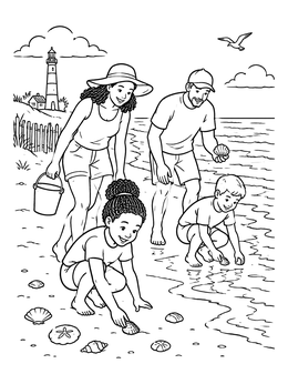 Free printable Family Shell Hunting On The Beach coloring page