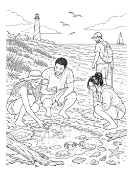 Friends inspect shells by the ocean in this outer banks coloring page with a lighthouse.