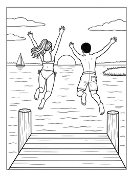 Two friends jump into the water at sunset in this outer banks coloring page.