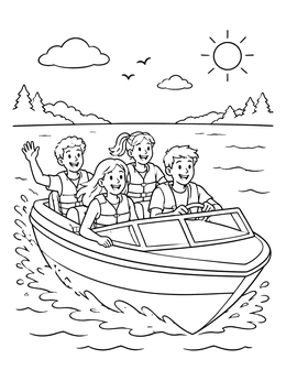 Free printable Friends Riding A Motorboat coloring page