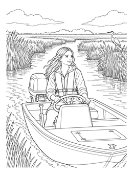 A girl drives a motorboat past a heron in this Outer Banks coloring page.