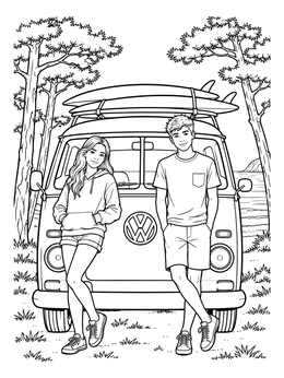 Two teens standing before a classic surf van in this outer banks coloring page.