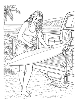A surfer waxes her board on a truck tailgate in this outer banks coloring page.