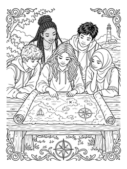 A group of teens gathers around a nautical map in this detailed outer banks coloring page.
