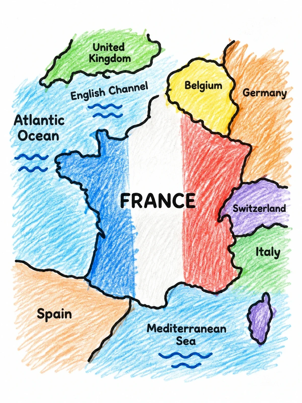 Colored example of the Outline Map Of France coloring page