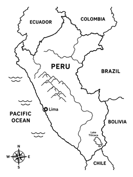 An outline map of Peru coloring page showing borders, Lima, and neighboring nations.