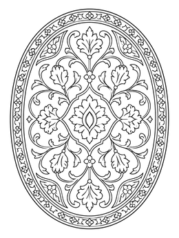 An ornate oval rug coloring page featuring symmetric botanical vine patterns.