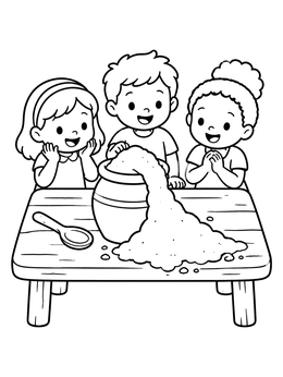 Free printable Children Watching Overflowing Flour Jar coloring page
