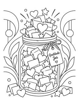 A glass gratitude coloring page showing a jar filled with folded notes, stars, and hearts.