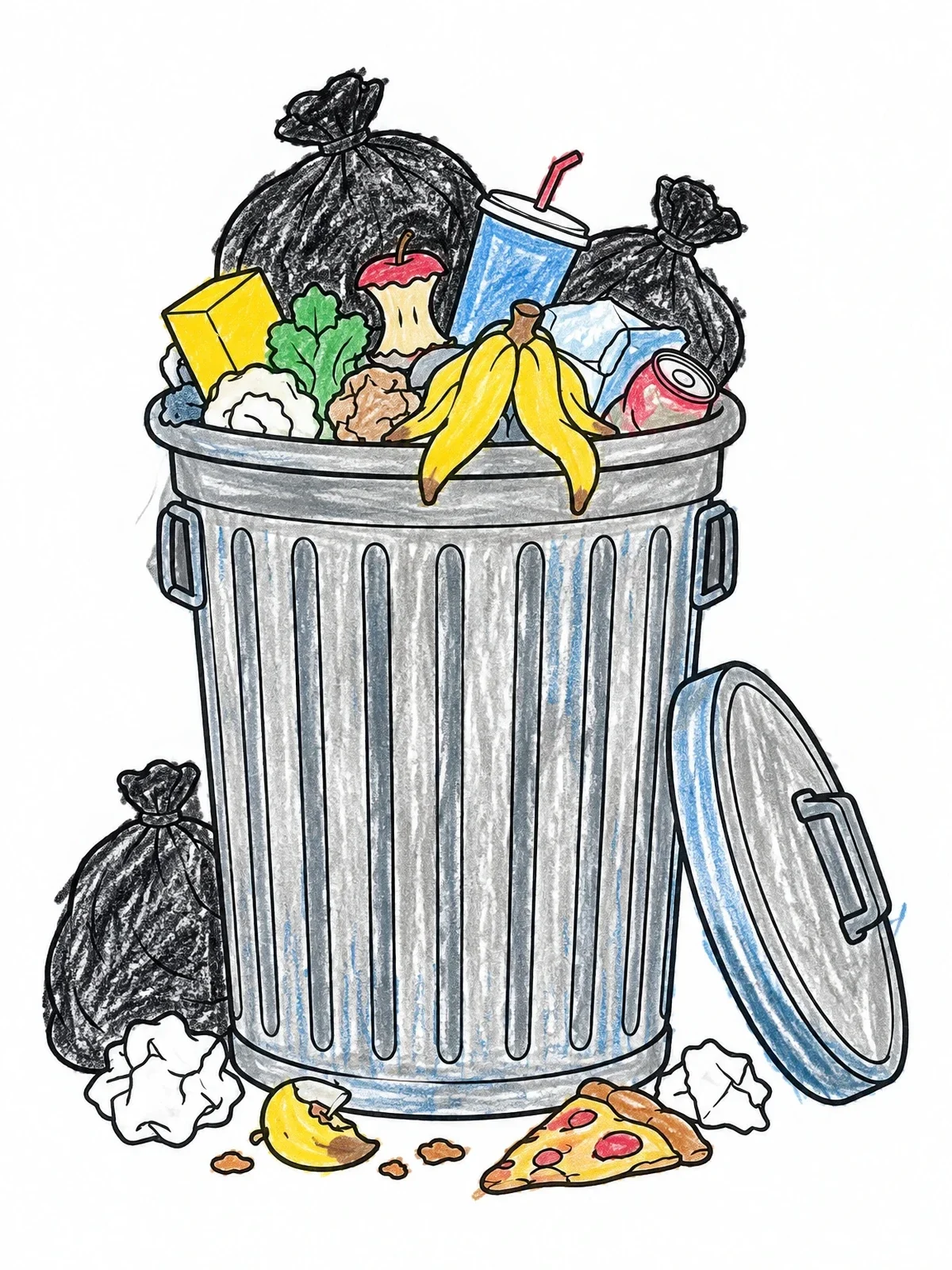 Colored example of the Overflowing Trash Can With Food Scraps coloring page