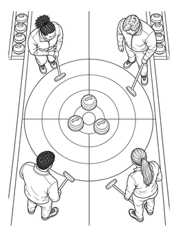 Curling coloring page featuring an overhead view of four players standing around stones in the circular house.