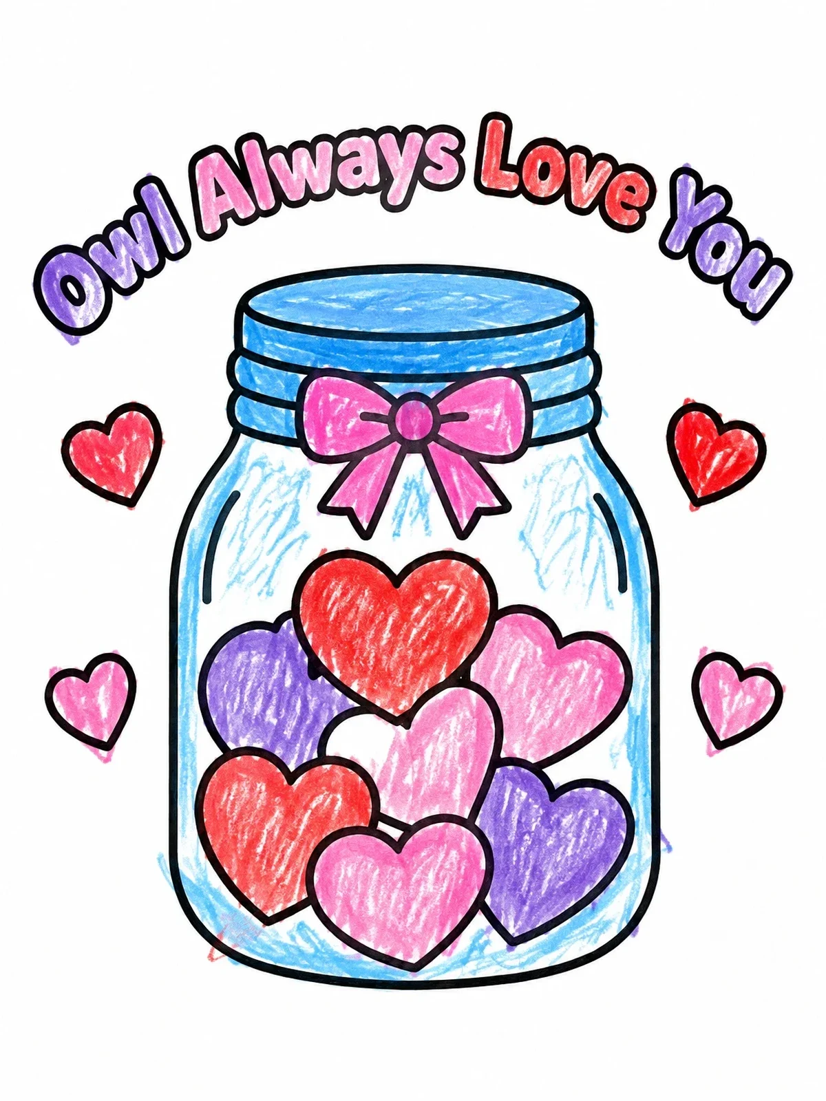 Colored example of the Owl Always Love You Heart Jar coloring page