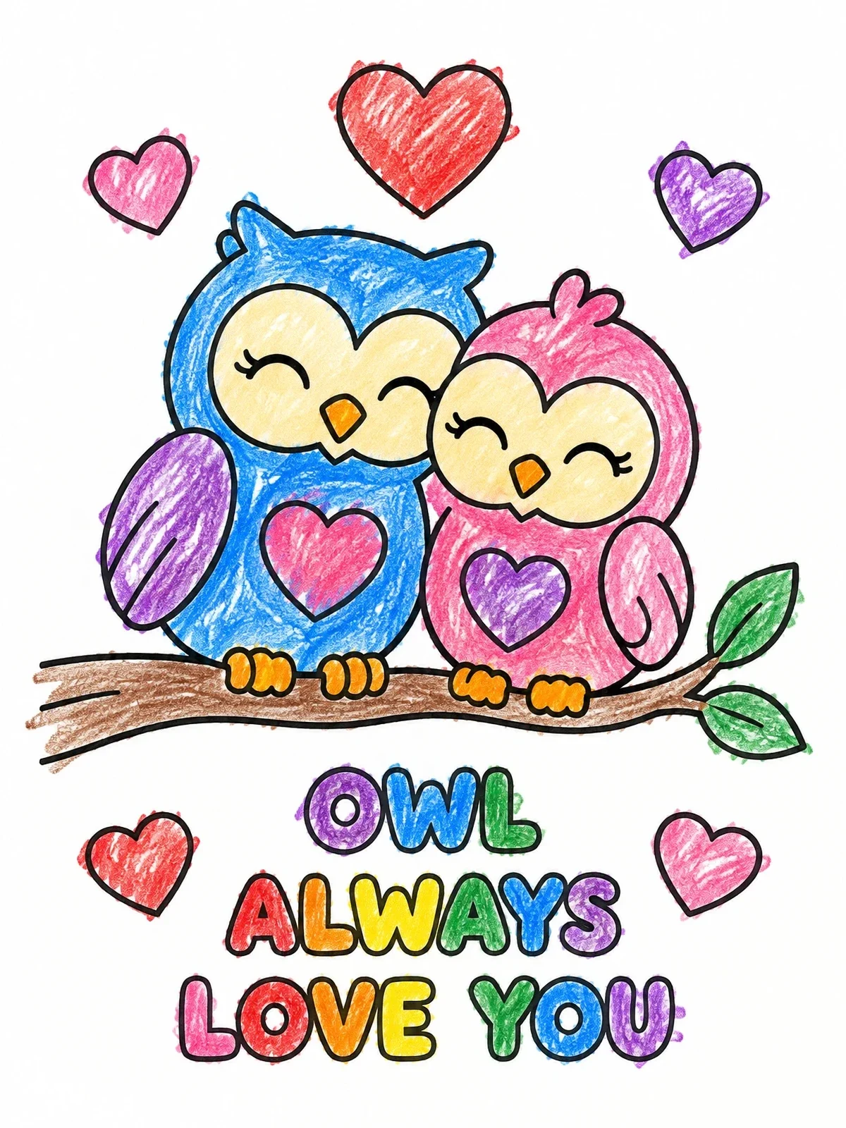 Colored example of the Owl Always Love You Valentine coloring page