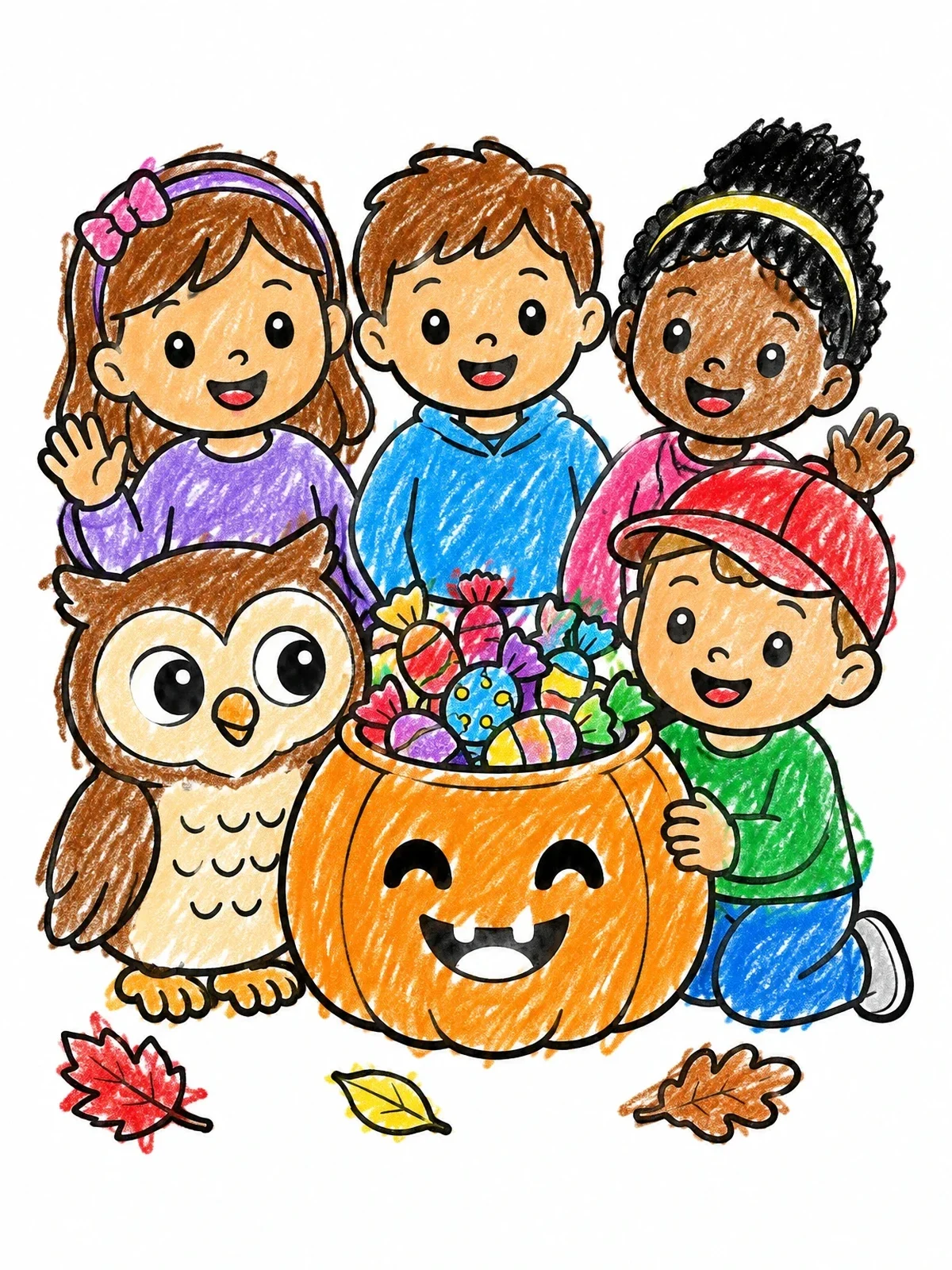 Colored example of the Owl And Children With Pumpkin Candies coloring page