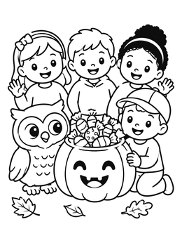 Free printable Owl And Children With Pumpkin Candies coloring page