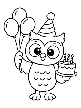 A cheerful cartoon bird on this owl coloring page holds balloons and a birthday cake.