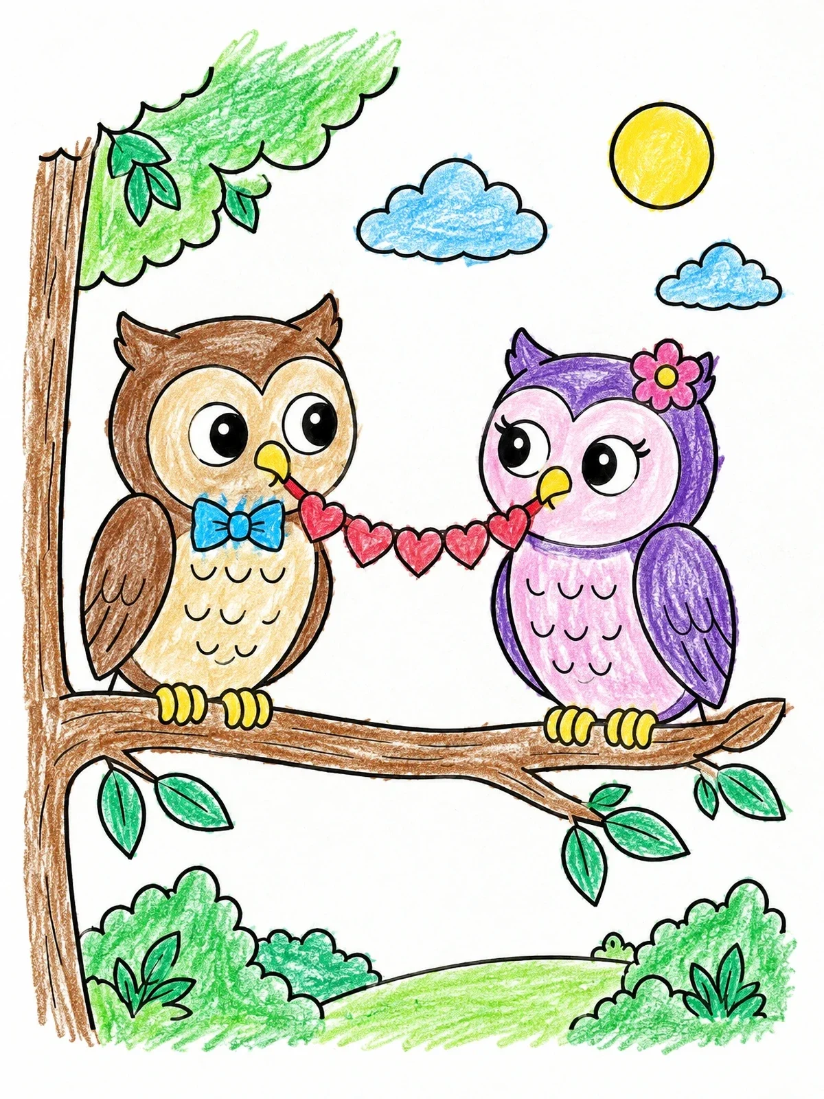 Colored example of the Owl Couple With Heart Garland coloring page