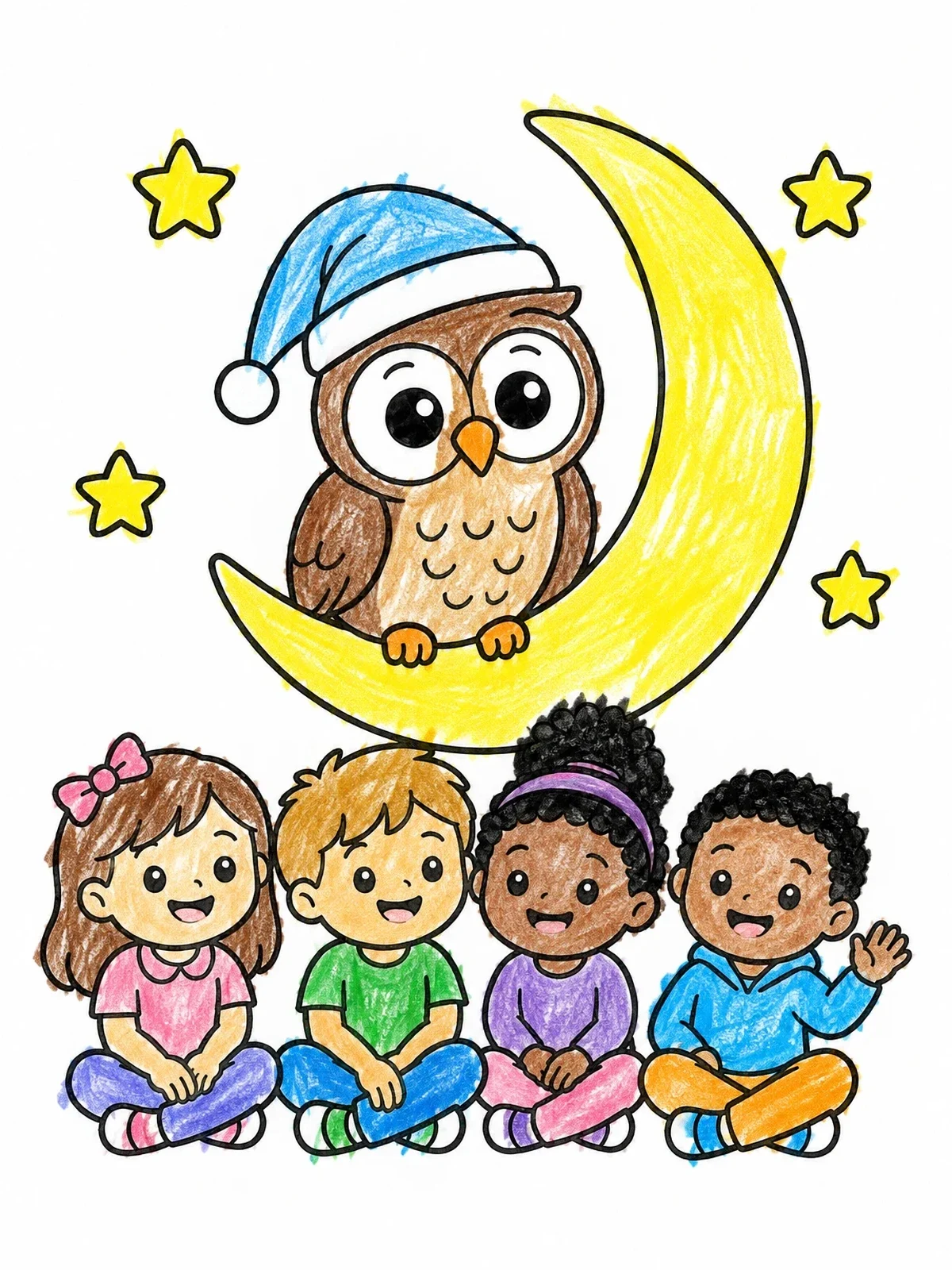 Colored example of the Owl On Crescent Moon With Children coloring page