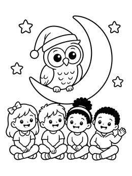 Free printable Owl On Crescent Moon With Children coloring page
