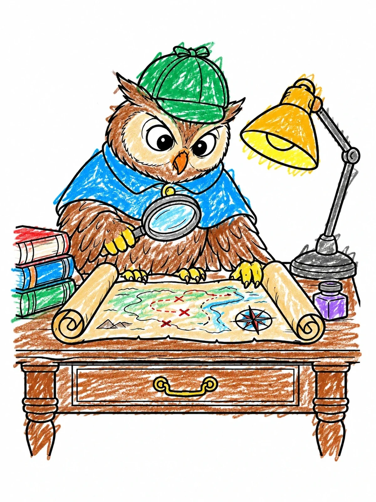 Colored example of the Owl Detective Examining A Map coloring page