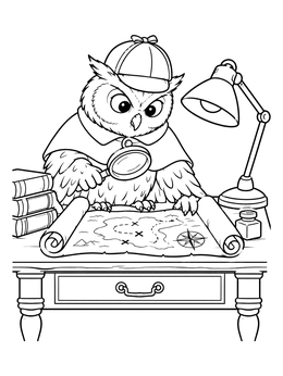 Free printable Owl Detective Examining A Map coloring page