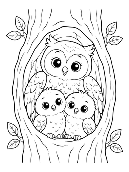 An owl coloring page featuring a mother owl watching over two cute owlets inside a tree trunk.