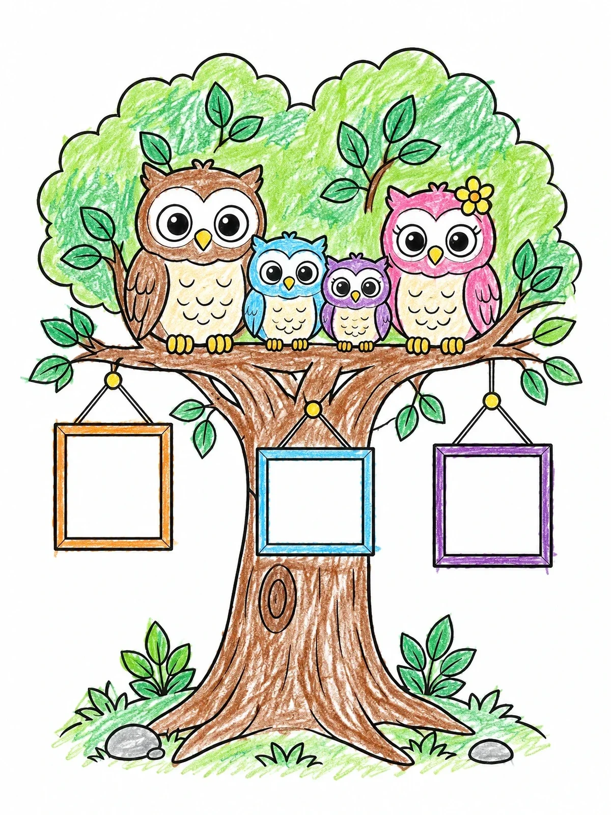 Colored example of the Owl Family Perched In Tree coloring page
