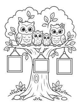 An owl family coloring page featuring cute birds in a tree with hanging blank frames.