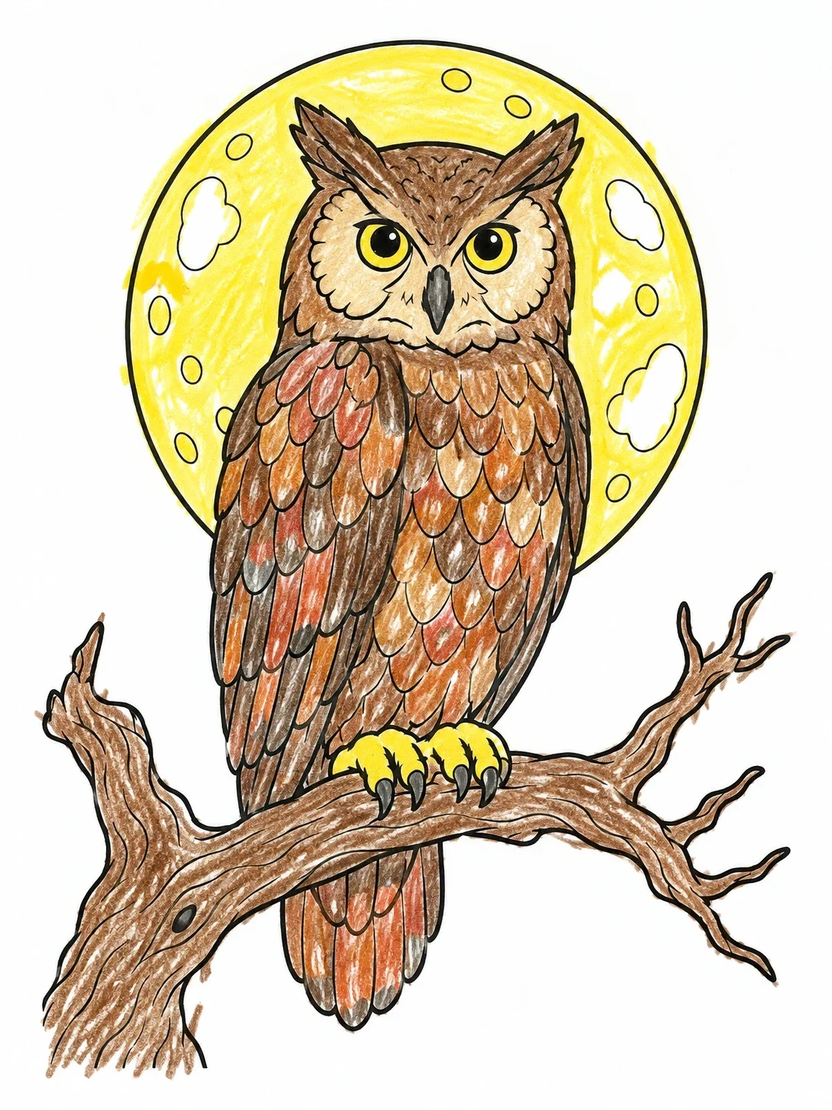 Colored example of the Owl Under The Full Moon coloring page