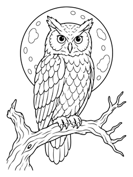 An owl halloween coloring page featuring a horned owl perched on a branch before a full moon.