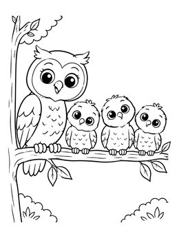 A sweet owl coloring page featuring a mother owl perched on a branch next to her three cute owlets.