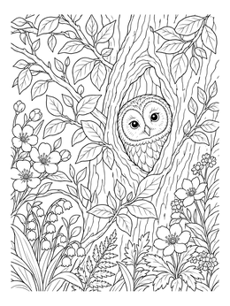 A sweet owl peers from a tree hollow in this spring tree coloring page surrounded by blooming flowers.
