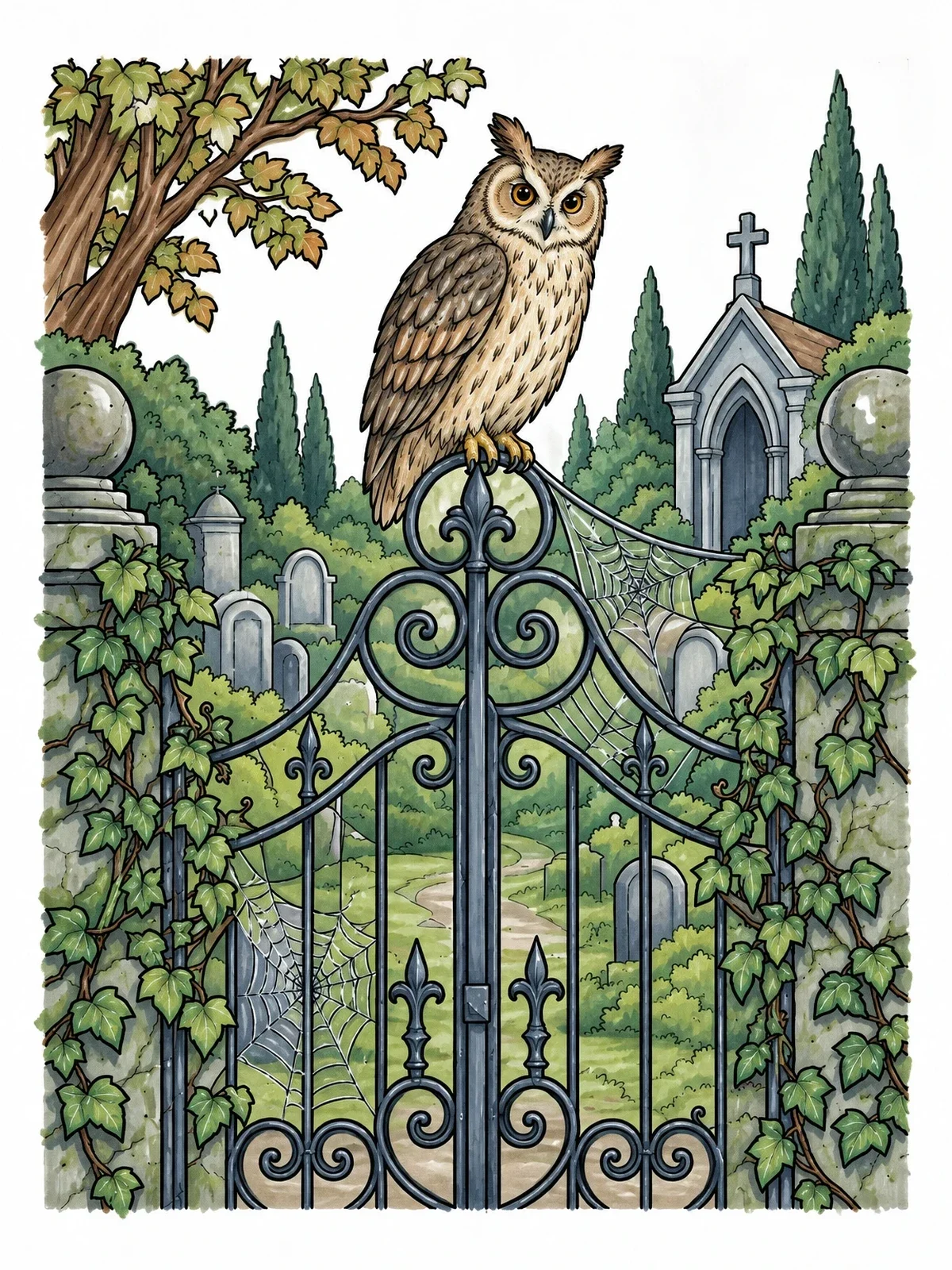 Colored example of the Owl On Cemetery Gate coloring page