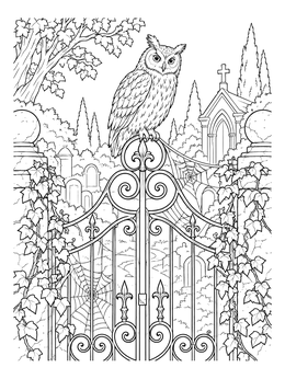 An owl perched on an ornate wrought-iron gate in an owl halloween coloring page.
