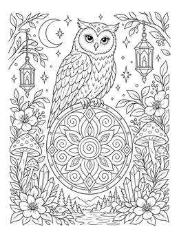 Detailed owl coloring page featuring a perched bird on a mandala shield surrounded by lanterns.