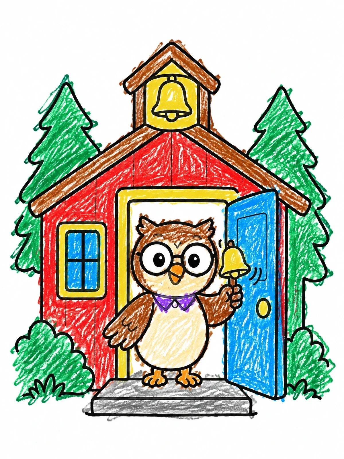 Colored example of the Owl Teacher At The Schoolhouse Door coloring page