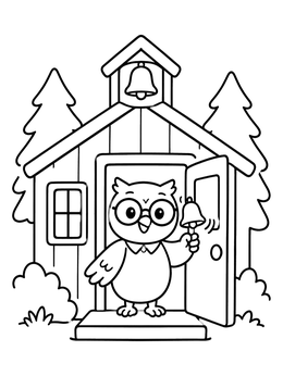 Free printable Owl Teacher At The Schoolhouse Door coloring page