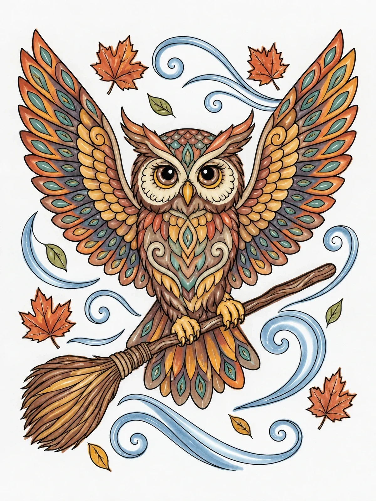 Colored example of the Owl Perched On Witch Broomstick coloring page