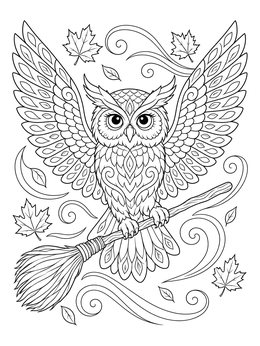 An intricate owl halloween coloring page showing an owl with spread wings on a flying broom.