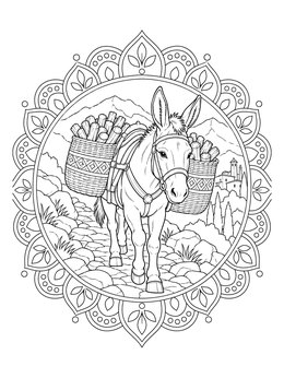 A detailed donkey coloring page framed by an ornate mandala with mountain scenery.
