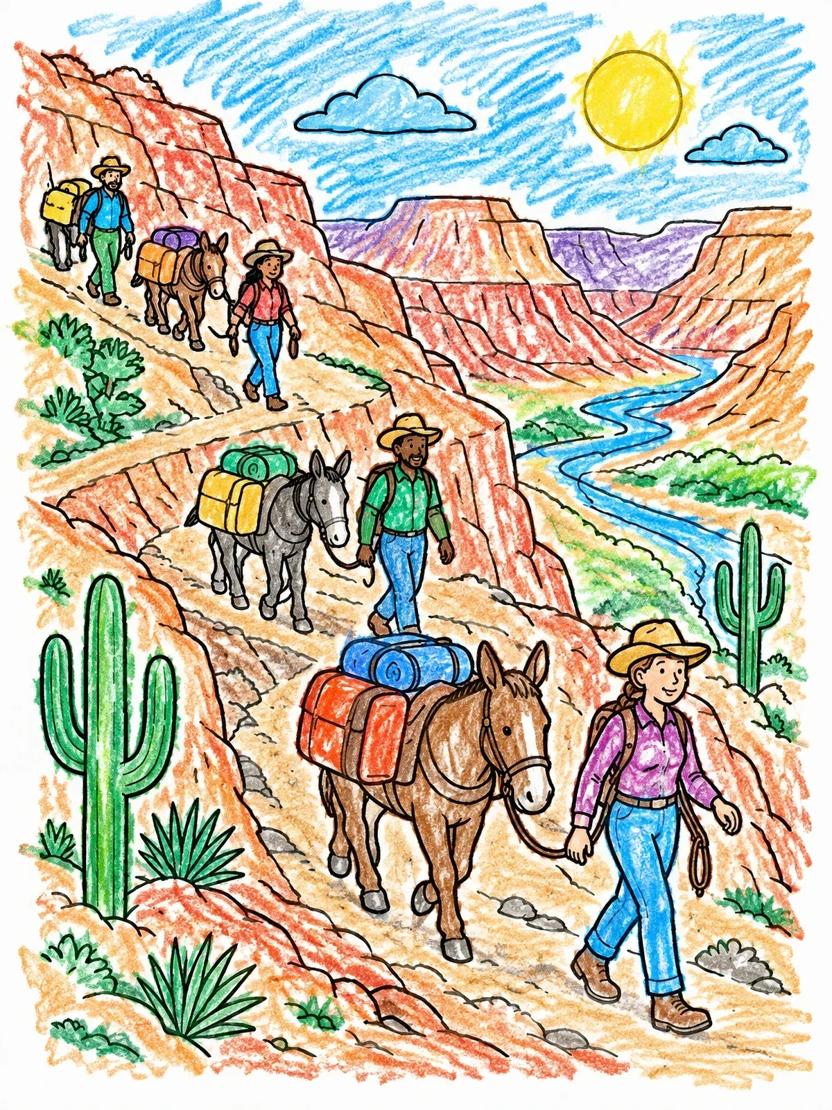 Colored example of the Pack Mule Train In The Canyon coloring page