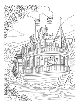 A cheerful river otter waves from a vintage steamboat coloring page cruising along a scenic river.