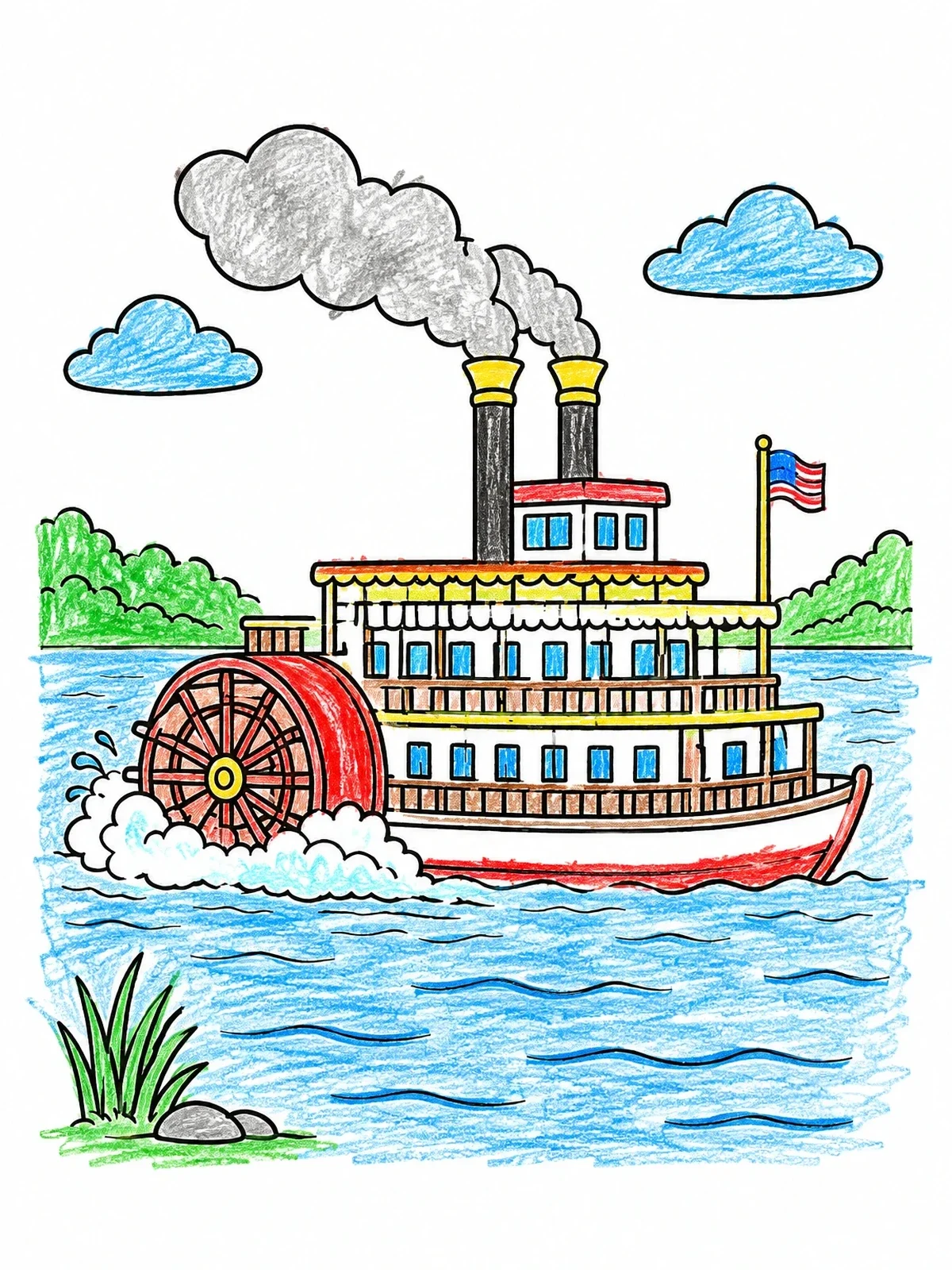 Colored example of the Paddle Wheel River Steamboat coloring page