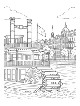 A vintage steamboat cruises past grand historic buildings in this cityscape coloring page.
